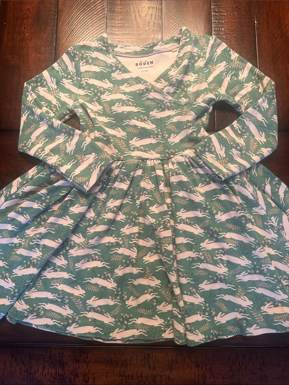 Mini Boden Green Bunny Hop Long Sleeve Twirly Ballerina Jersey Dress 6-7Y